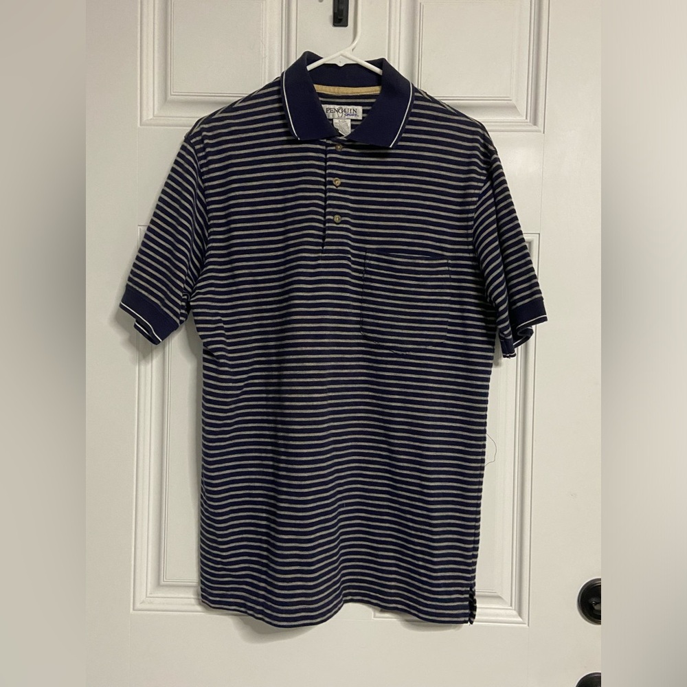 10- PENGUIN SPORT Navy-Tan Stripe Polo Shirt